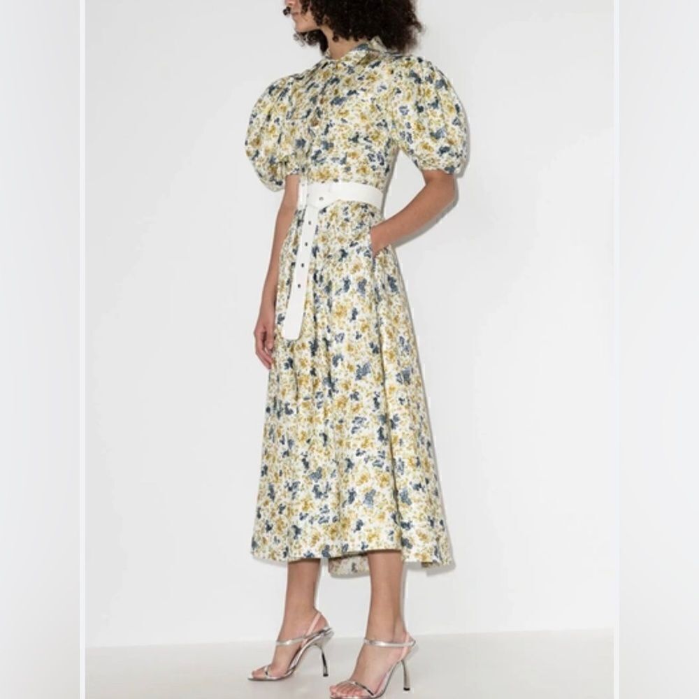 ANOUKI Floral Print Puff Sleeve Midi Dress Prairie Cottagecore Size Small